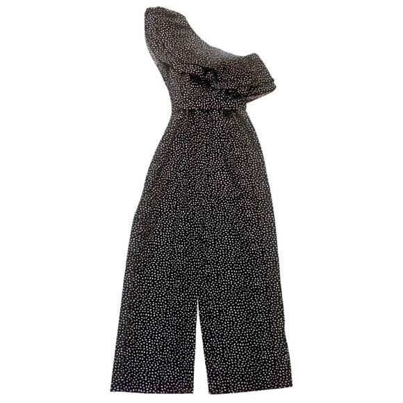 HYFVE Pants - One Shoulder Ruffle Black White Dot Print Jumpsuit Small Sleeveless Wide Leg